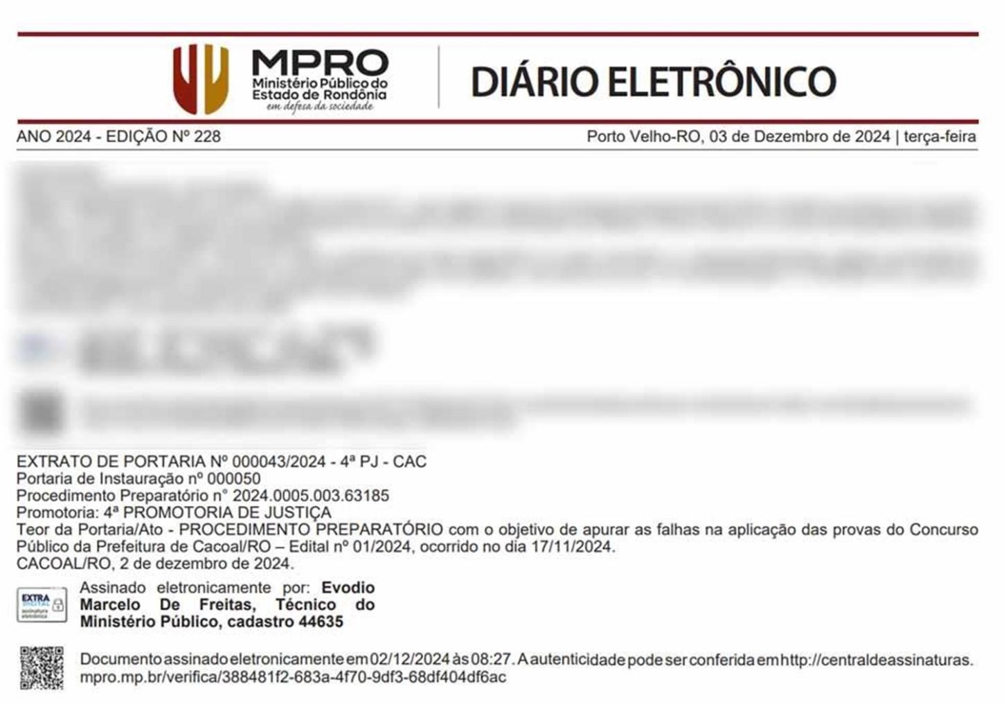 CONCURSO EM CACOAL - MP de Rondônia instaura procedimento para apurar irregularidades em concurso público da Prefeitura de Cacoal